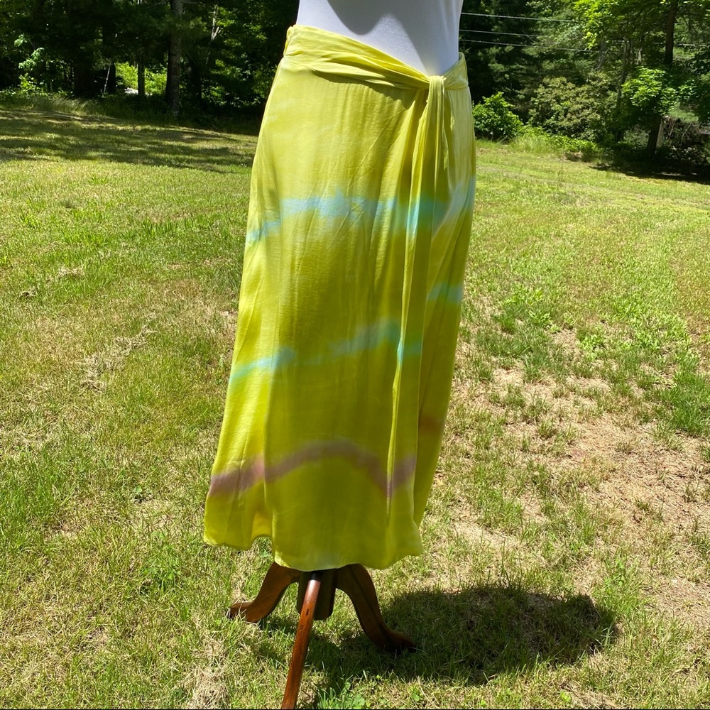 YOUNG FABULOUS & BROKE SKIRT MIDI YELLOW SHEER BLUE PURPLE TIE DYE LOOK SIZE M